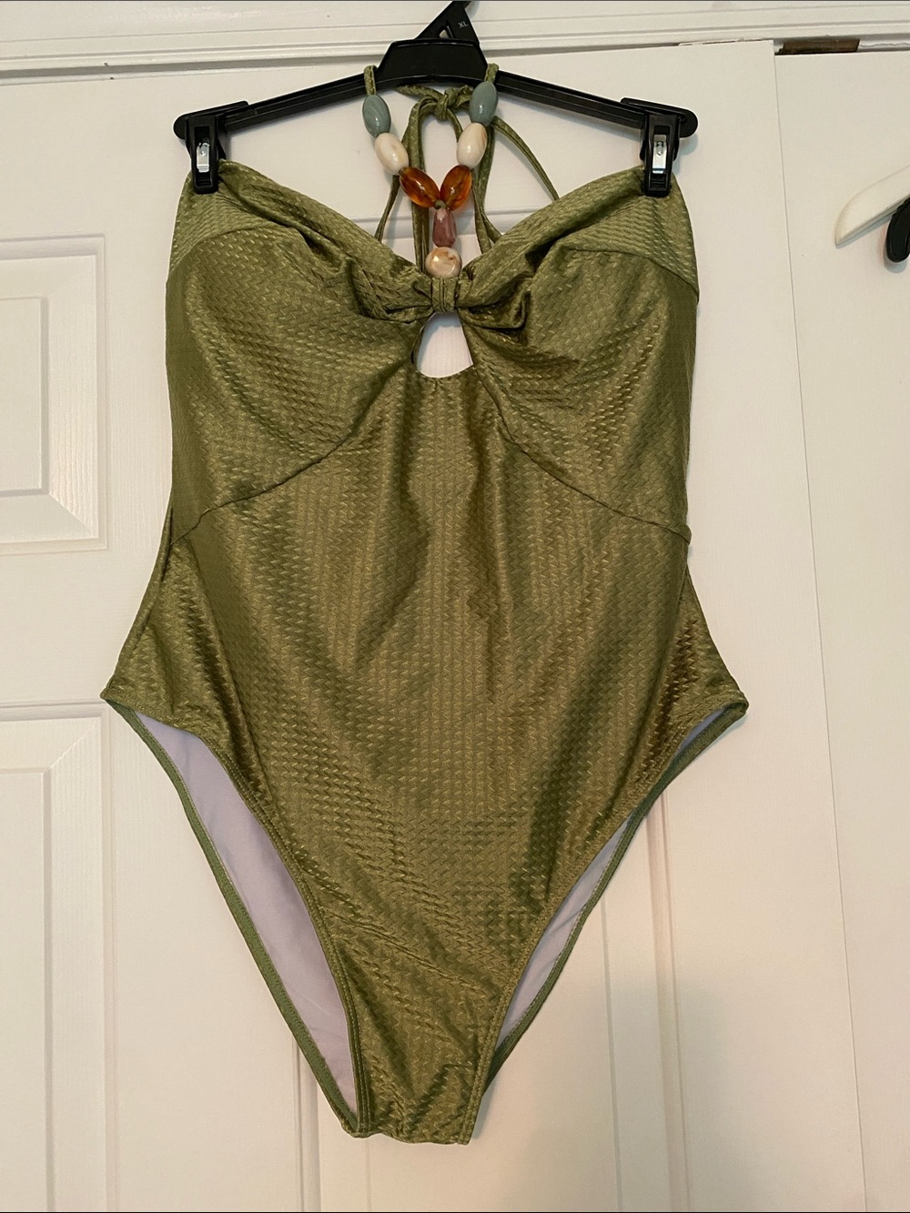 Olive Green One-Piece Swimsuit with Bead Halter - XL